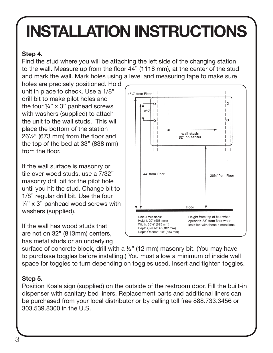 Installation instructions | Koala Kare KB100 User Manual | Page 4 / 16