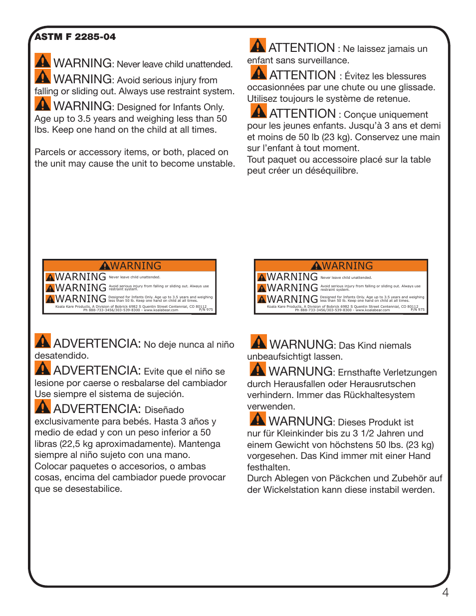 Warning, Advertencia, Attention | Warnung | Koala Kare KB100 User Manual | Page 5 / 16
