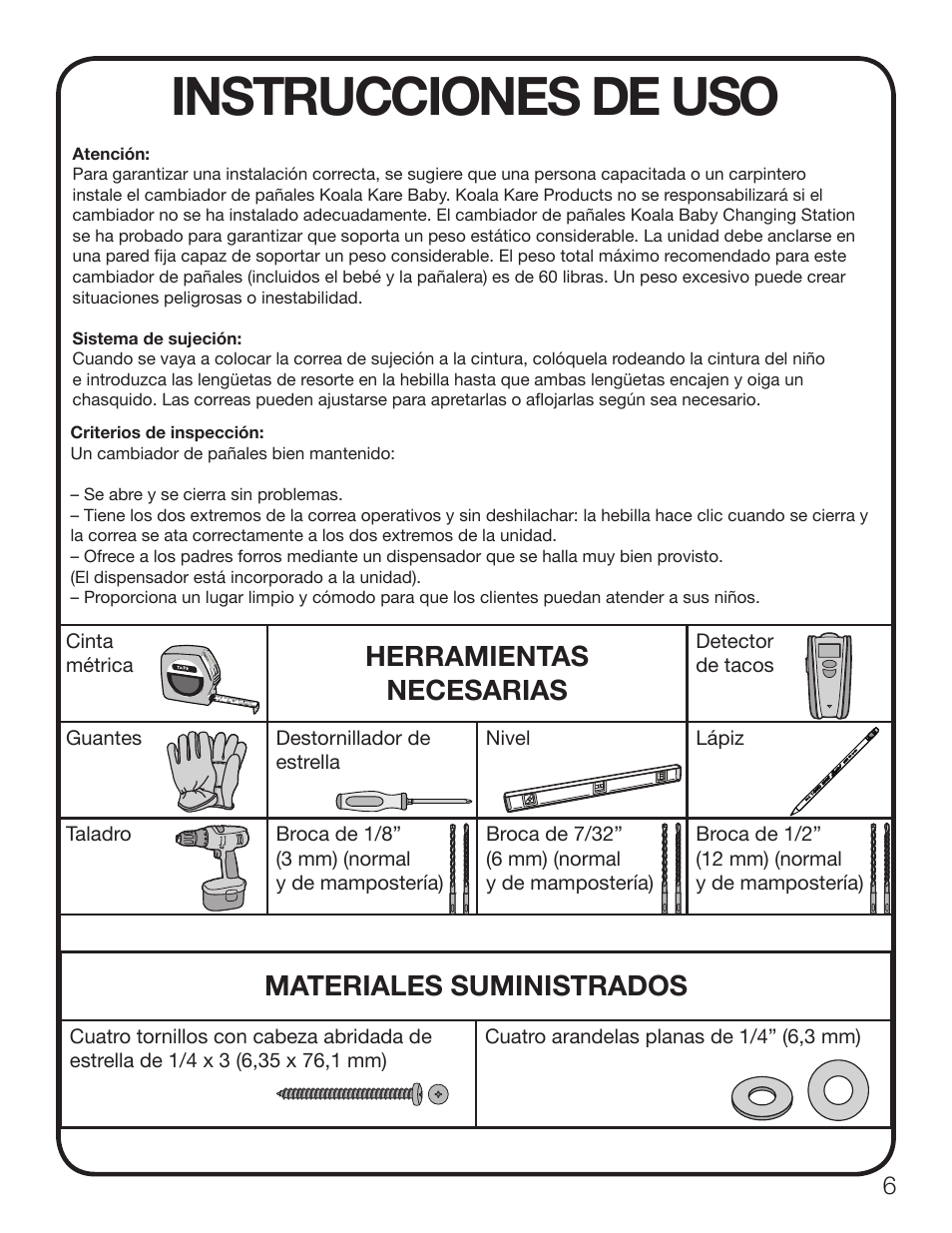 Instrucciones de uso, Herramientas necesarias, Materiales suministrados | Koala Kare KB100 User Manual | Page 7 / 16