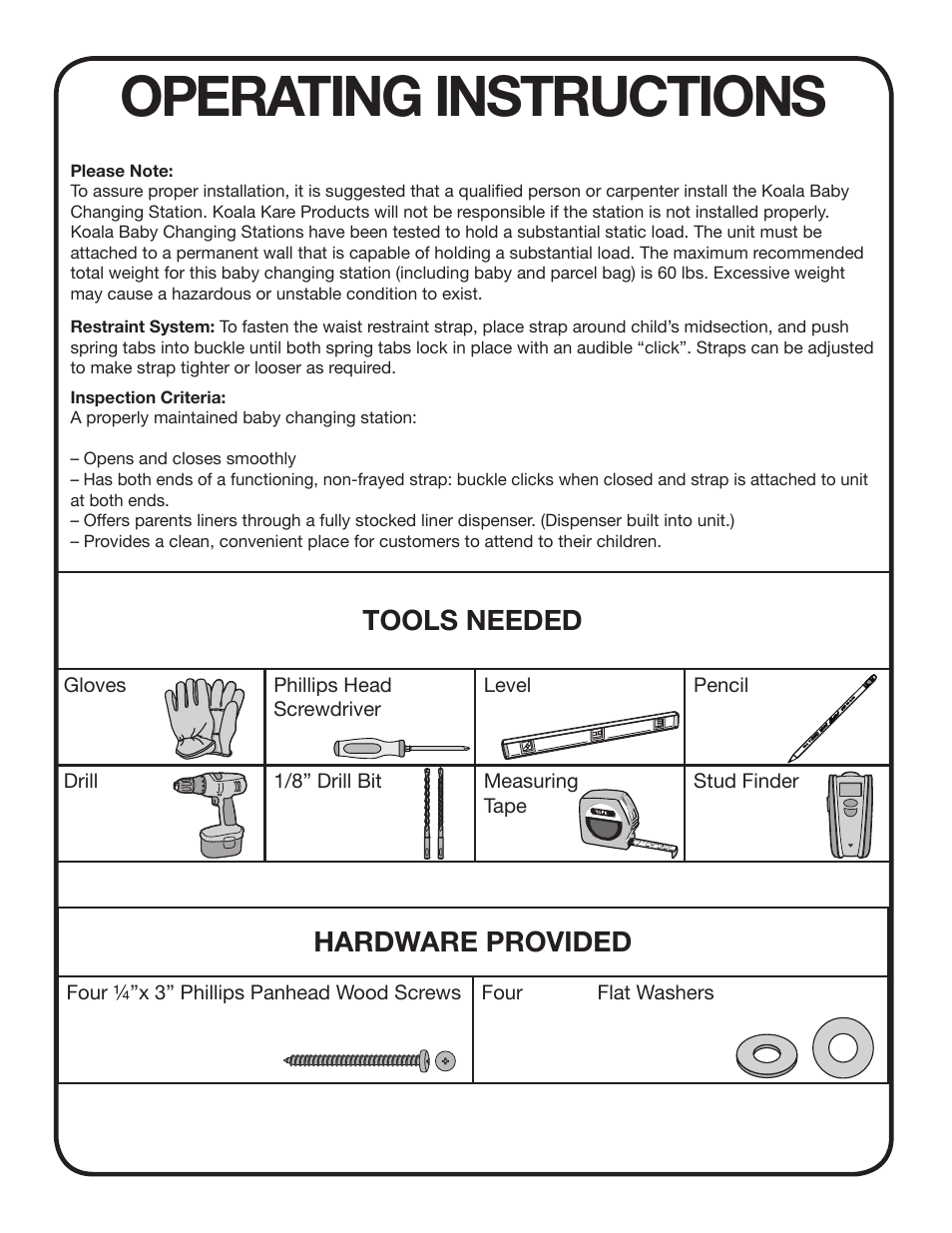 Operating instructions, Tools needed, Hardware provided | Koala Kare KB110-SSRE User Manual | Page 2 / 4