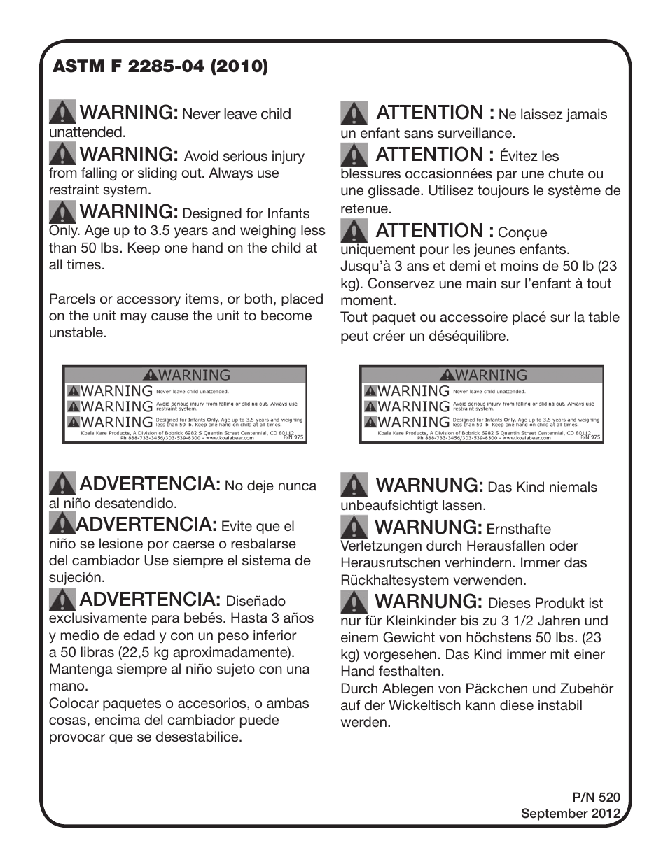 Warning, Advertencia, Attention | Warnung | Koala Kare KB110-SSRE User Manual | Page 4 / 4