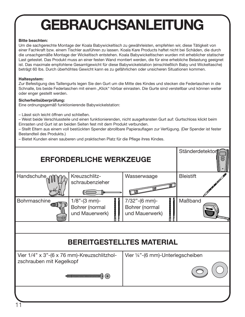 Gebrauchsanleitung, Erforderliche werkzeuge, Bereitgestelltes material | Koala Kare KB111-SSWM User Manual | Page 12 / 15