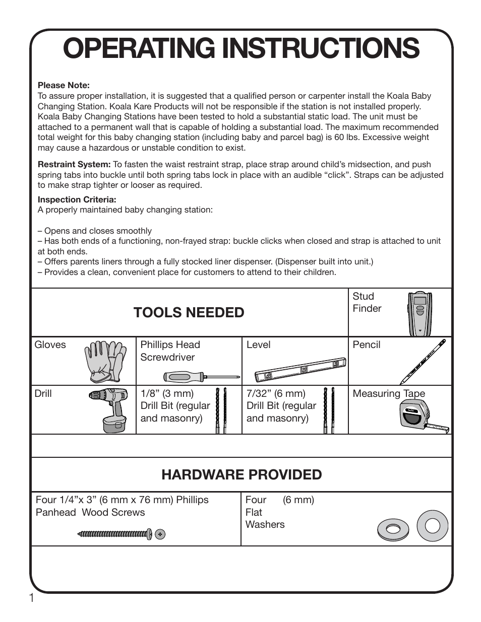 Operating instructions, Hardware provided, Tools needed | Koala Kare KB111-SSWM User Manual | Page 2 / 15