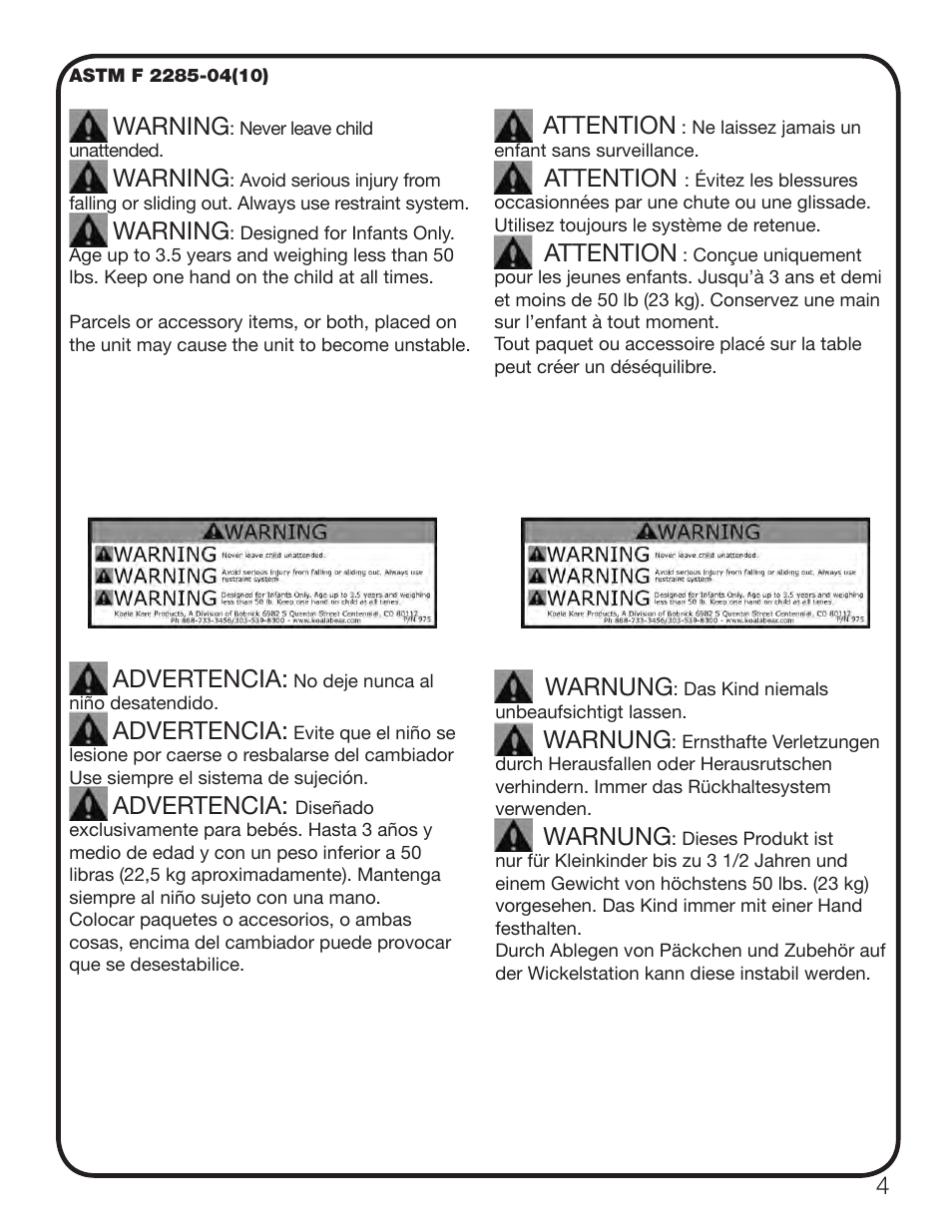 Warning, Advertencia, Attention | Warnung | Koala Kare KB111-SSWM User Manual | Page 5 / 15