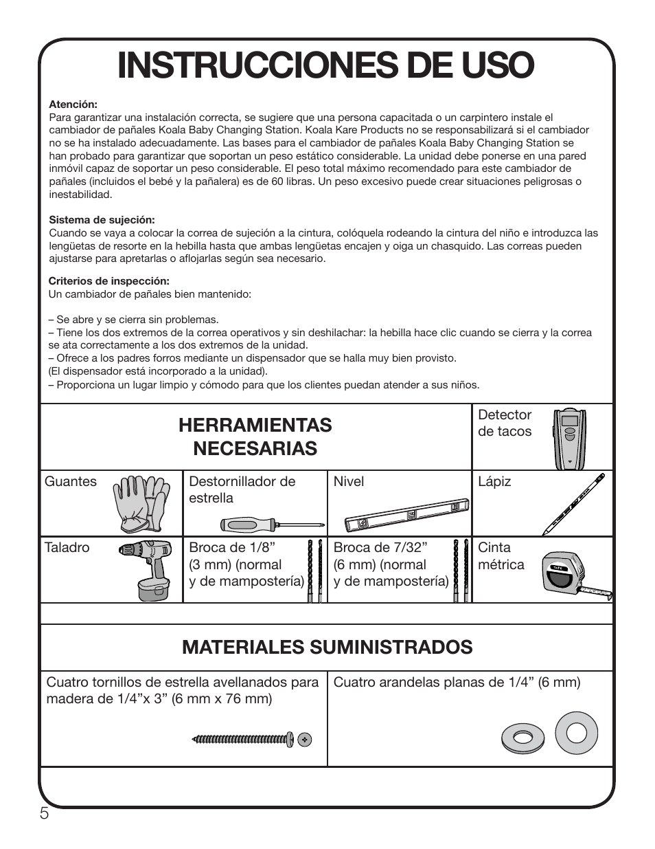 Instrucciones de uso, Herramientas necesarias, Materiales suministrados | Koala Kare KB111-SSWM User Manual | Page 6 / 15