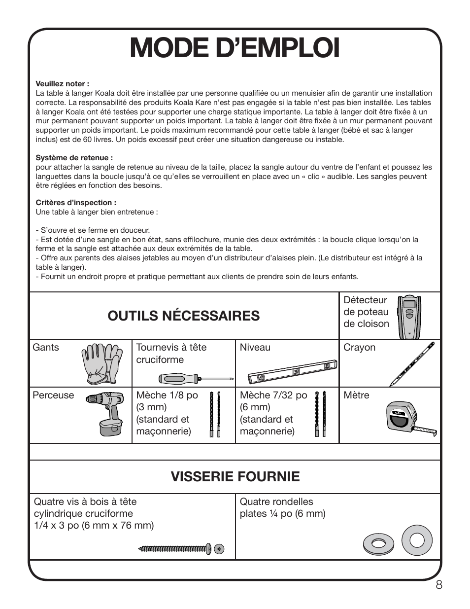 Mode d’emploi, Outils nécessaires, Visserie fournie | Koala Kare KB111-SSWM User Manual | Page 9 / 15