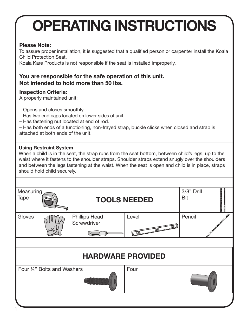 Operating instructions, Tools needed, Hardware provided | Koala Kare KB102 User Manual | Page 2 / 10