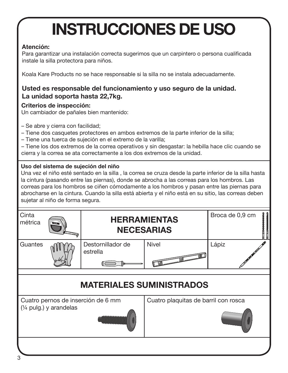 Instrucciones de uso, Herramientas necesarias, Materiales suministrados | Koala Kare KB102 User Manual | Page 4 / 10