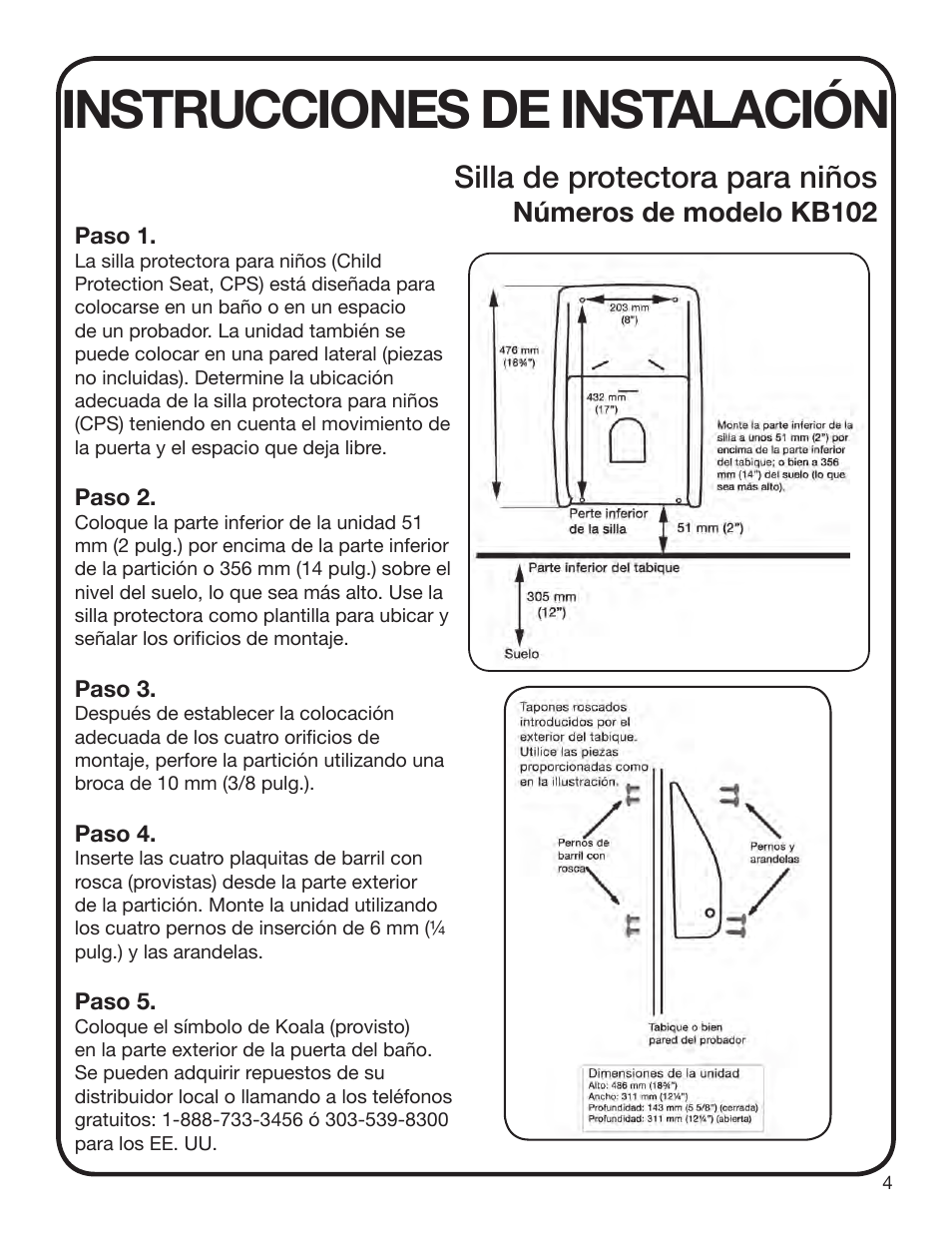 Instrucciones de instalación, Silla de protectora para niños, Números de modelo kb102 | Koala Kare KB102 User Manual | Page 5 / 10
