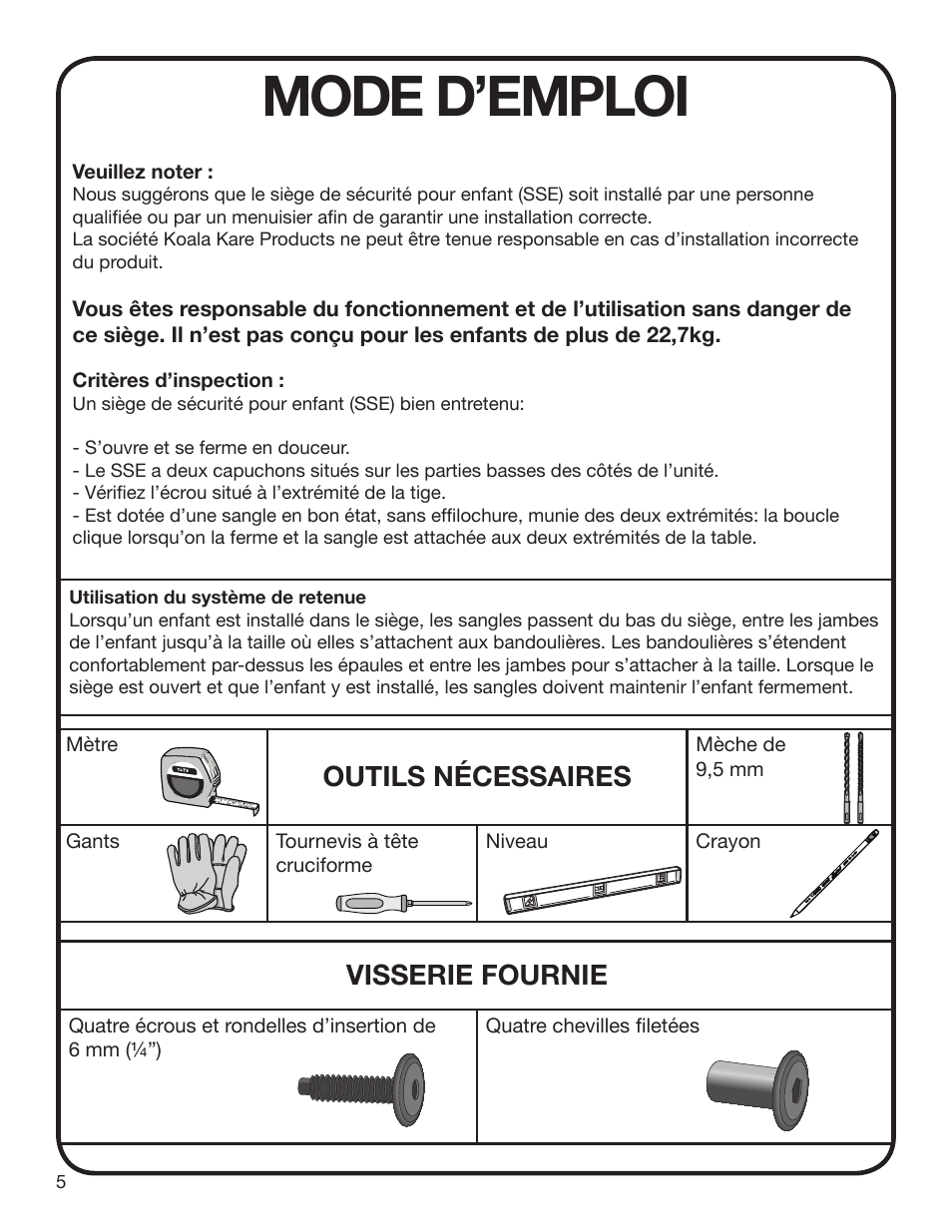 Mode d’emploi, Outils nécessaires, Visserie fournie | Koala Kare KB102 User Manual | Page 6 / 10
