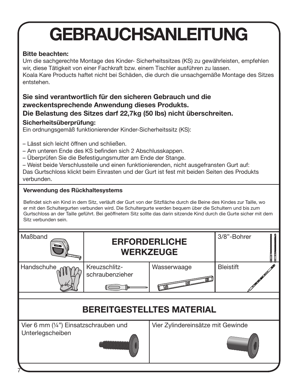 Gebrauchsanleitung, Erforderliche werkzeuge, Bereitgestelltes material | Koala Kare KB102 User Manual | Page 8 / 10