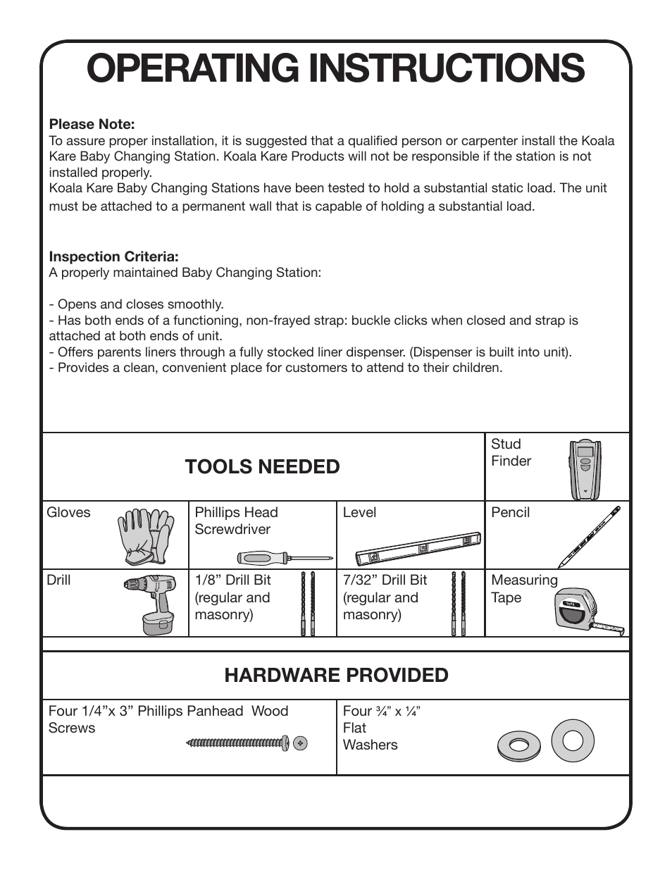 Operating instructions, Tools needed, Hardware provided | Koala Kare KB108 User Manual | Page 2 / 4