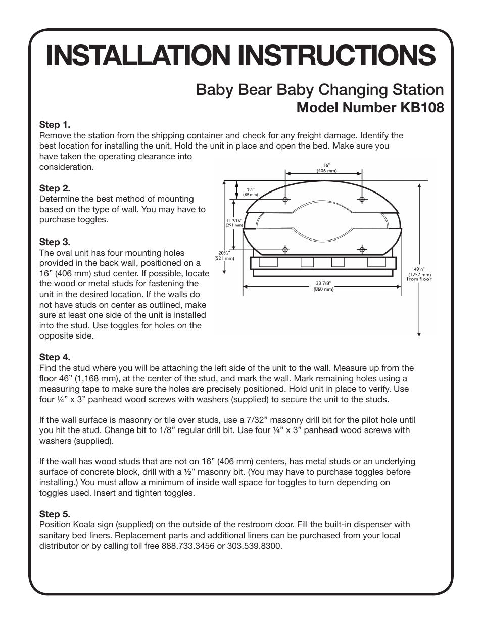 Installation instructions, Baby bear baby changing station, Model number kb108 | Koala Kare KB108 User Manual | Page 3 / 4