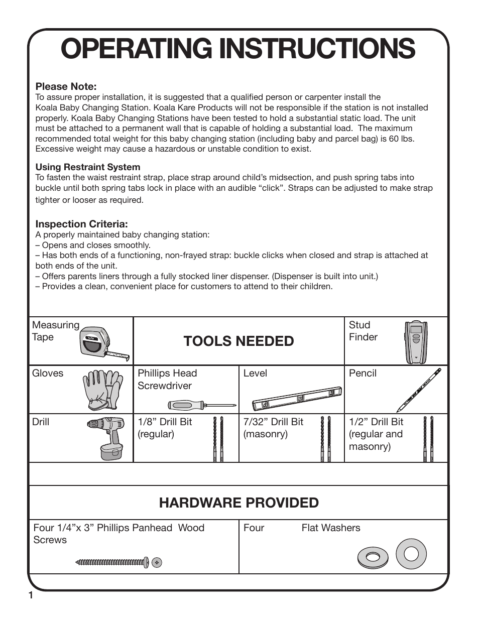 Operating instructions, Tools needed, Hardware provided | Koala Kare KB110-SSWM User Manual | Page 2 / 12