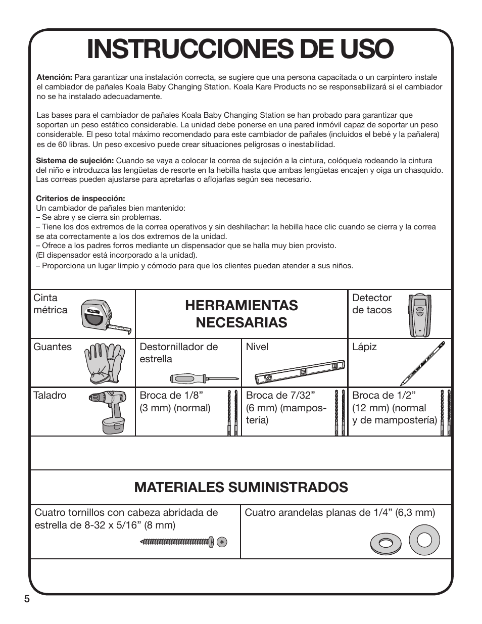 Instrucciones de uso, Herramientas necesarias, Materiales suministrados | Koala Kare KB110-SSWM User Manual | Page 6 / 12