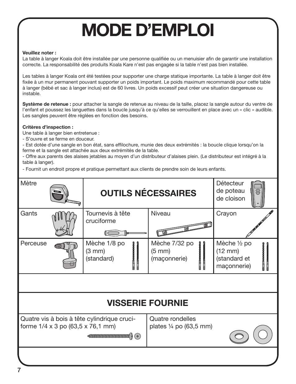 Mode d’emploi, Outils nécessaires, Visserie fournie | Koala Kare KB110-SSWM User Manual | Page 8 / 12