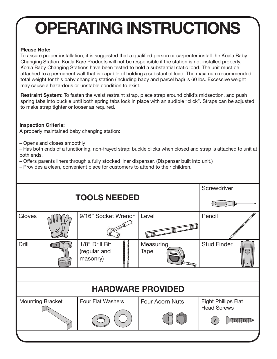 Operating instructions, Tools needed, Hardware provided | Koala Kare KB111-SSRE User Manual | Page 2 / 4