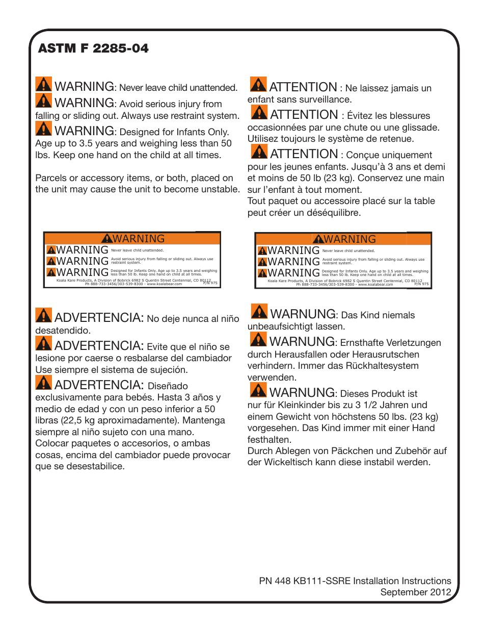 Warning, Advertencia, Attention | Warnung | Koala Kare KB111-SSRE User Manual | Page 4 / 4