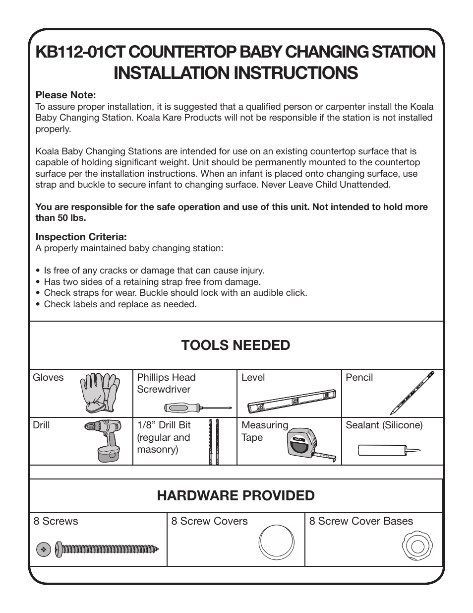 Installation instructions, Tools needed, Hardware provided | Koala Kare KB112-01CT User Manual | Page 2 / 4