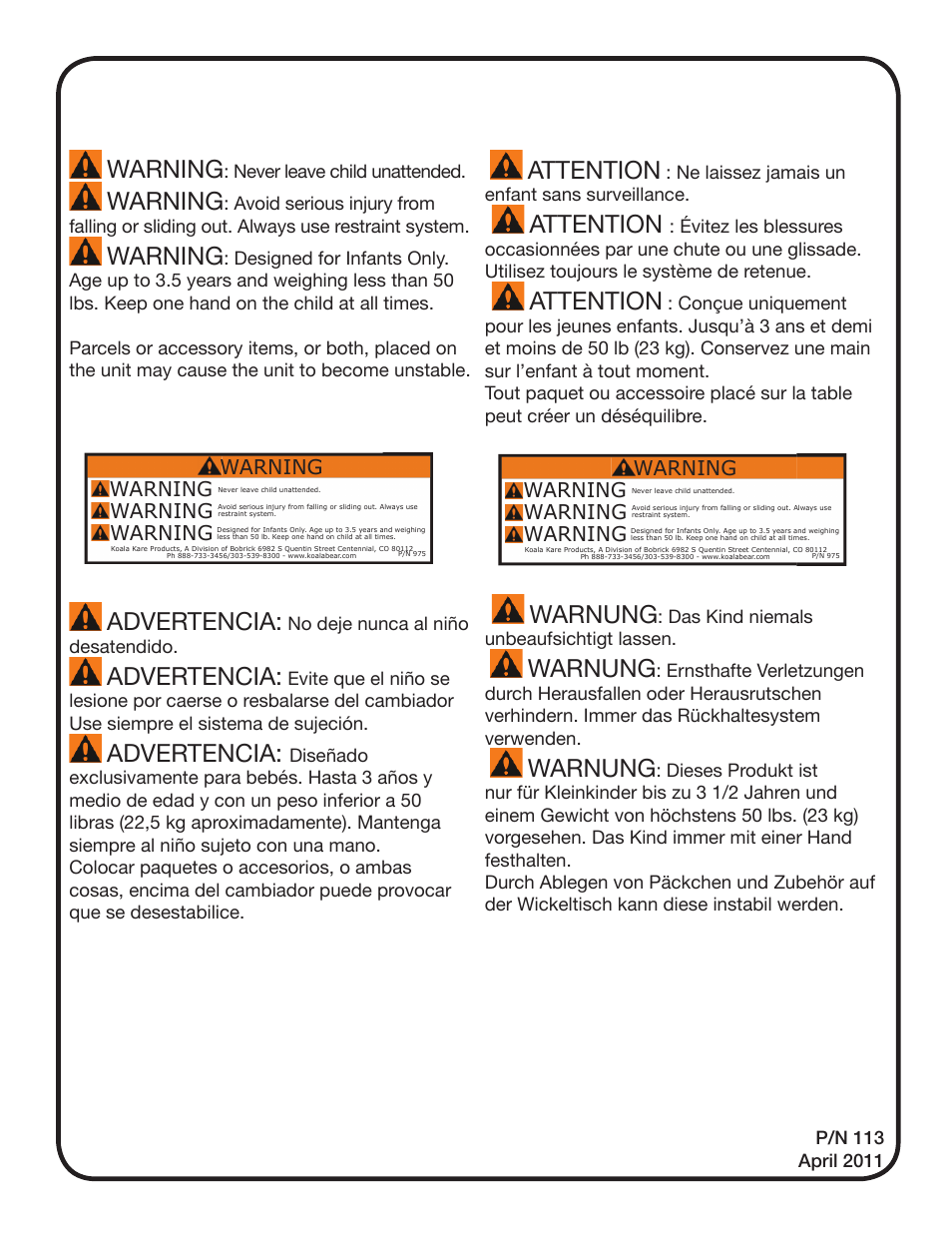 Warning, Advertencia, Attention | Warnung | Koala Kare KB112-01CT User Manual | Page 4 / 4