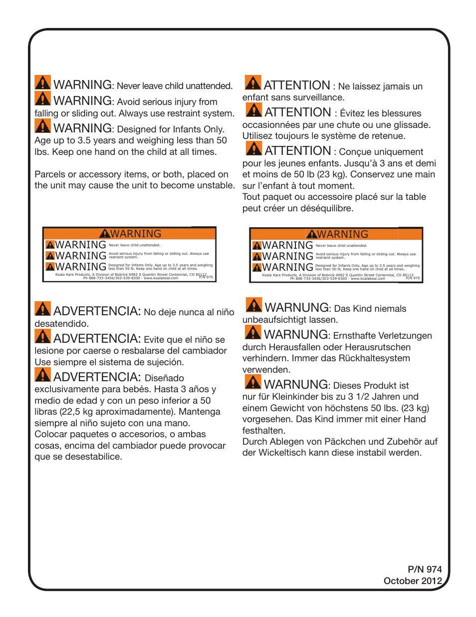Warning, Advertencia, Attention | Warnung | Koala Kare KB112-01RE User Manual | Page 4 / 4