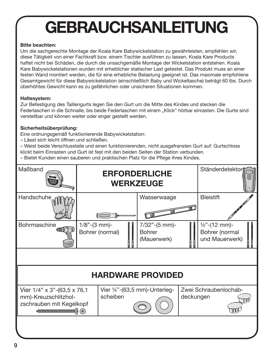 Gebrauchsanleitung, Erforderliche werkzeuge, Hardware provided | Koala Kare KB208 User Manual | Page 10 / 12