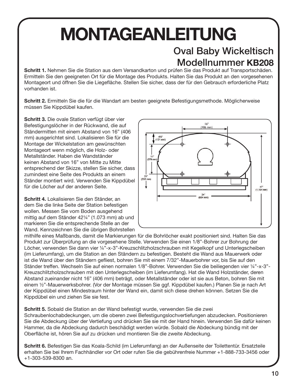 Montageanleitung, Oval baby wickeltisch modellnummer, Kb208 | Koala Kare KB208 User Manual | Page 11 / 12