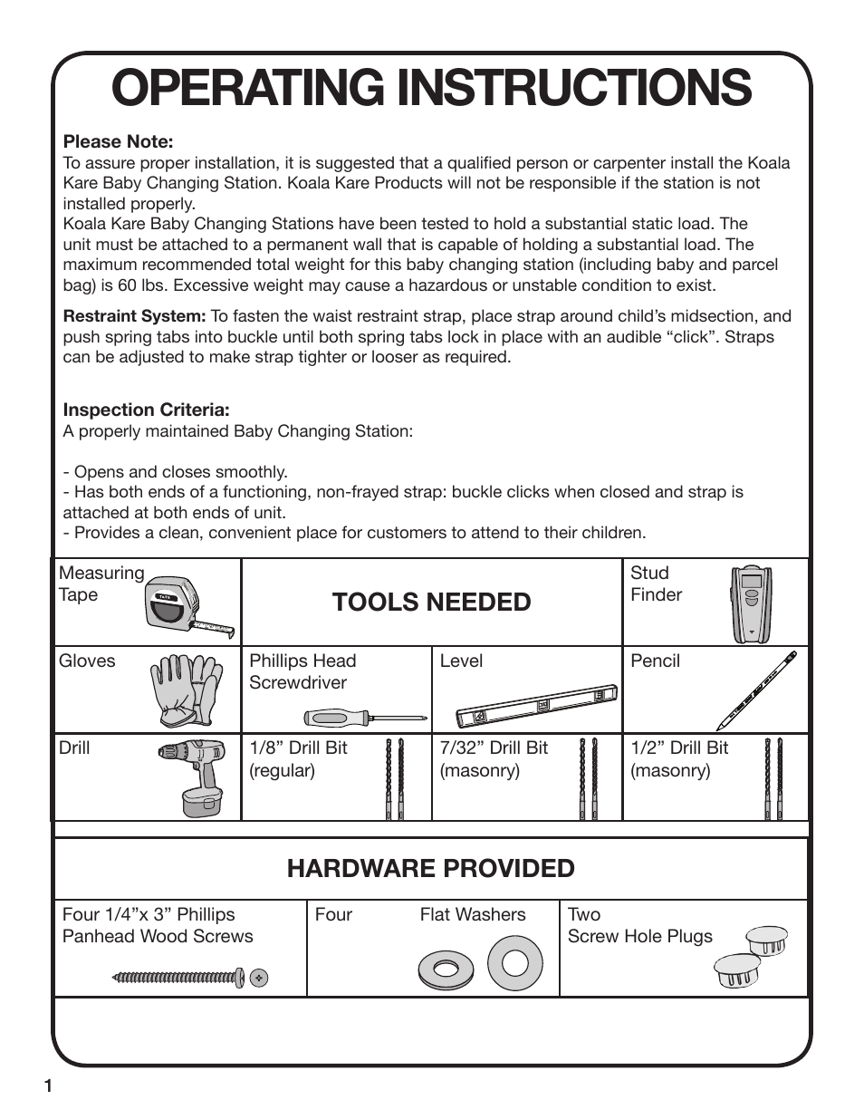 Operating instructions, Hardware provided, Tools needed | Koala Kare KB208 User Manual | Page 2 / 12