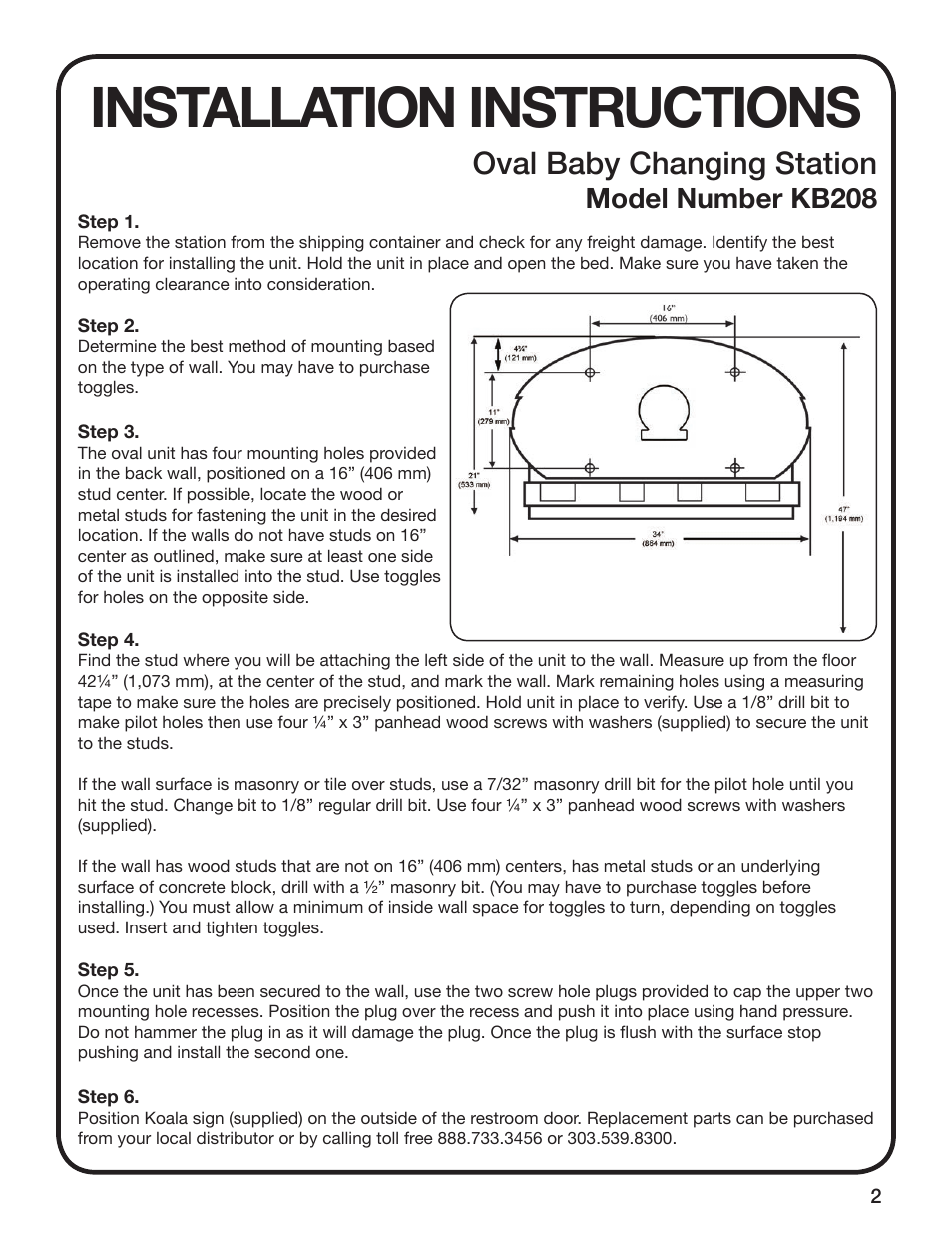 Installation instructions, Oval baby changing station, Model number kb208 | Koala Kare KB208 User Manual | Page 3 / 12