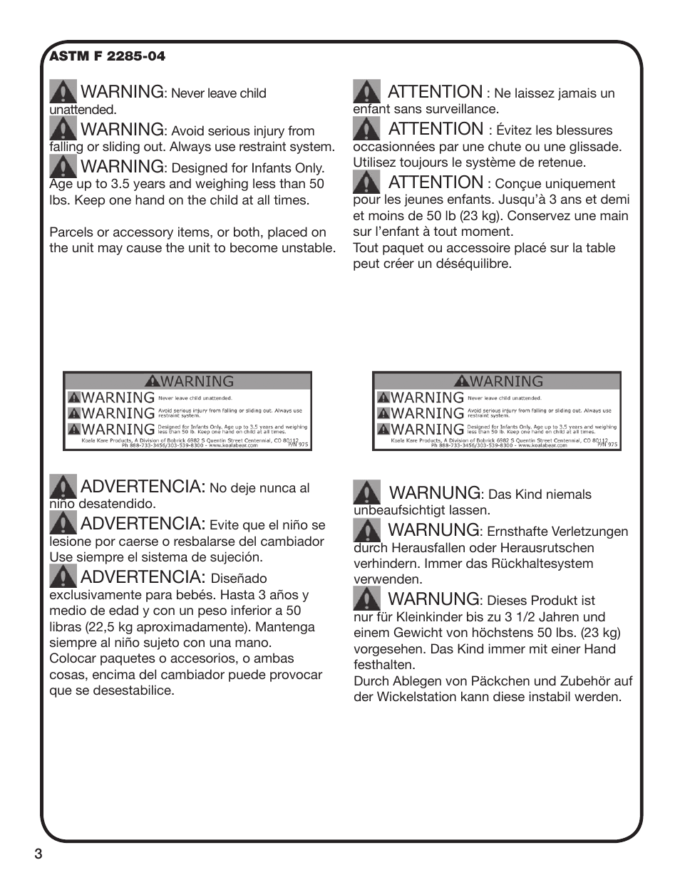 Warning, Advertencia, Attention | Warnung | Koala Kare KB208 User Manual | Page 4 / 12