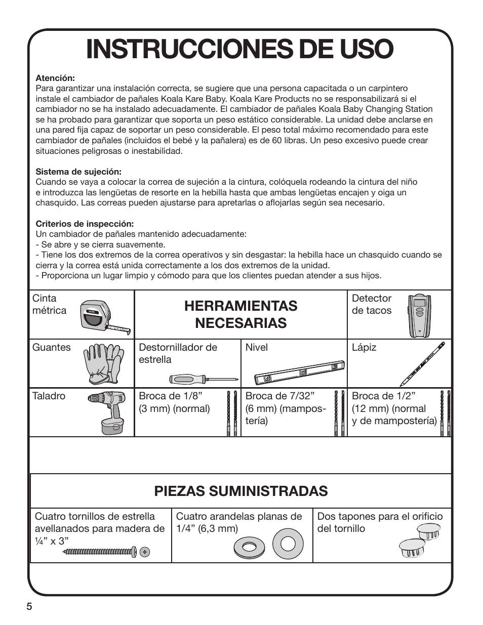 Instrucciones de uso, Herramientas necesarias, Piezas suministradas | Koala Kare KB208 User Manual | Page 6 / 12