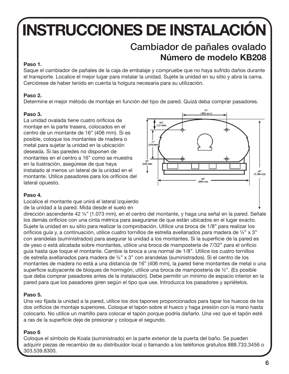 Instrucciones de instalación, Cambiador de pañales ovalado, Número de modelo kb208 | Koala Kare KB208 User Manual | Page 7 / 12