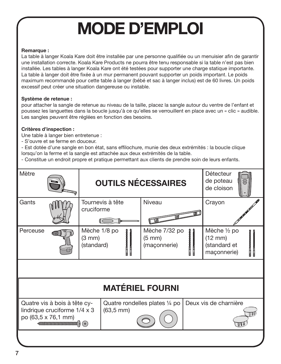 Mode d’emploi, Outils nécessaires, Matériel fourni | Koala Kare KB208 User Manual | Page 8 / 12