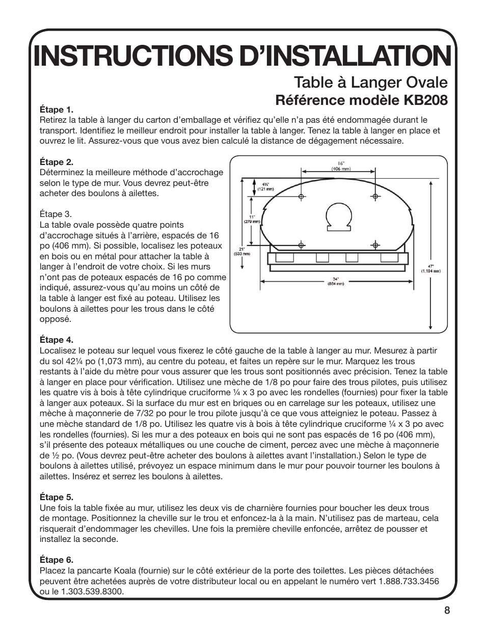 Instructions d’installation, Table à langer ovale, Référence modèle kb208 | Koala Kare KB208 User Manual | Page 9 / 12