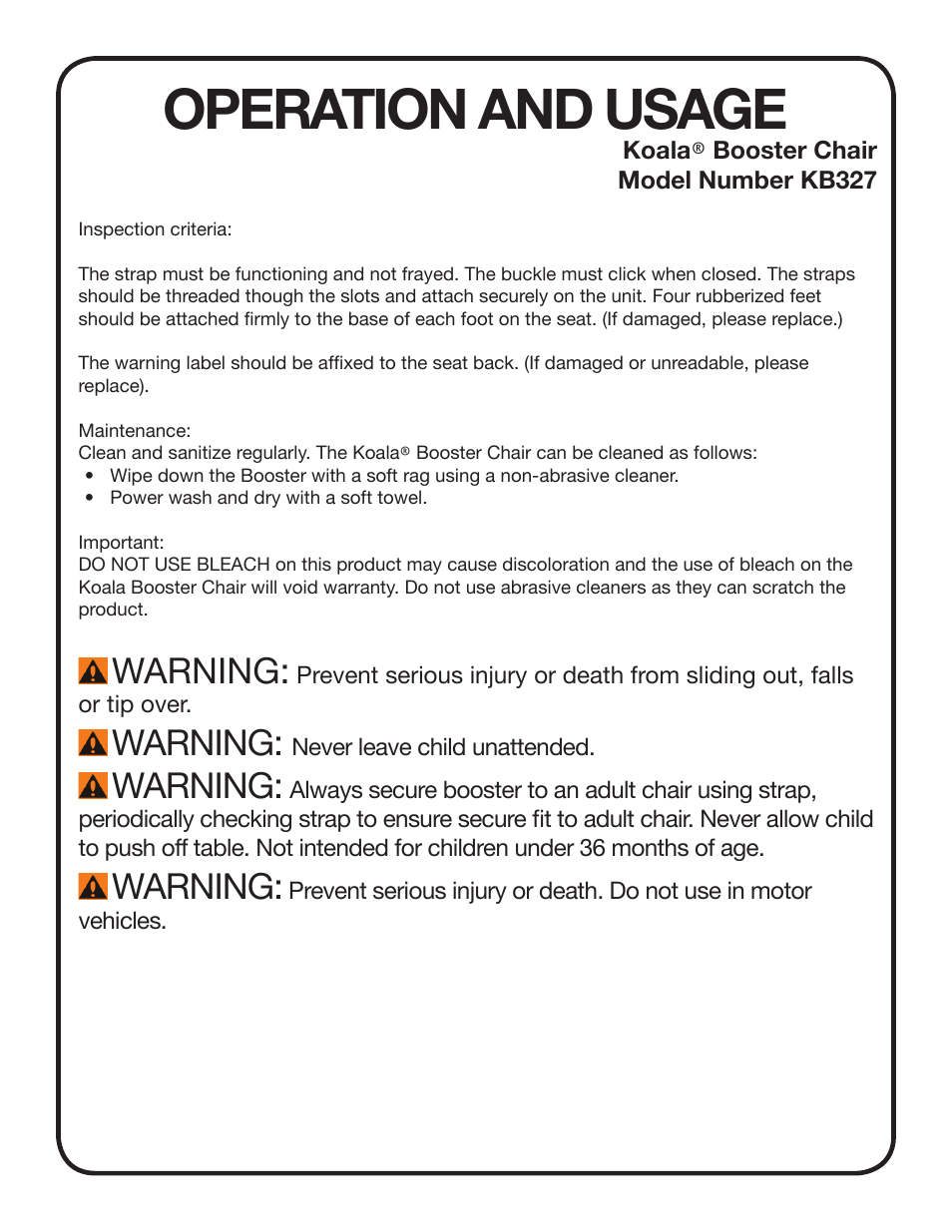 Operation and usage, Warning | Koala Kare KB327 User Manual | Page 3 / 8