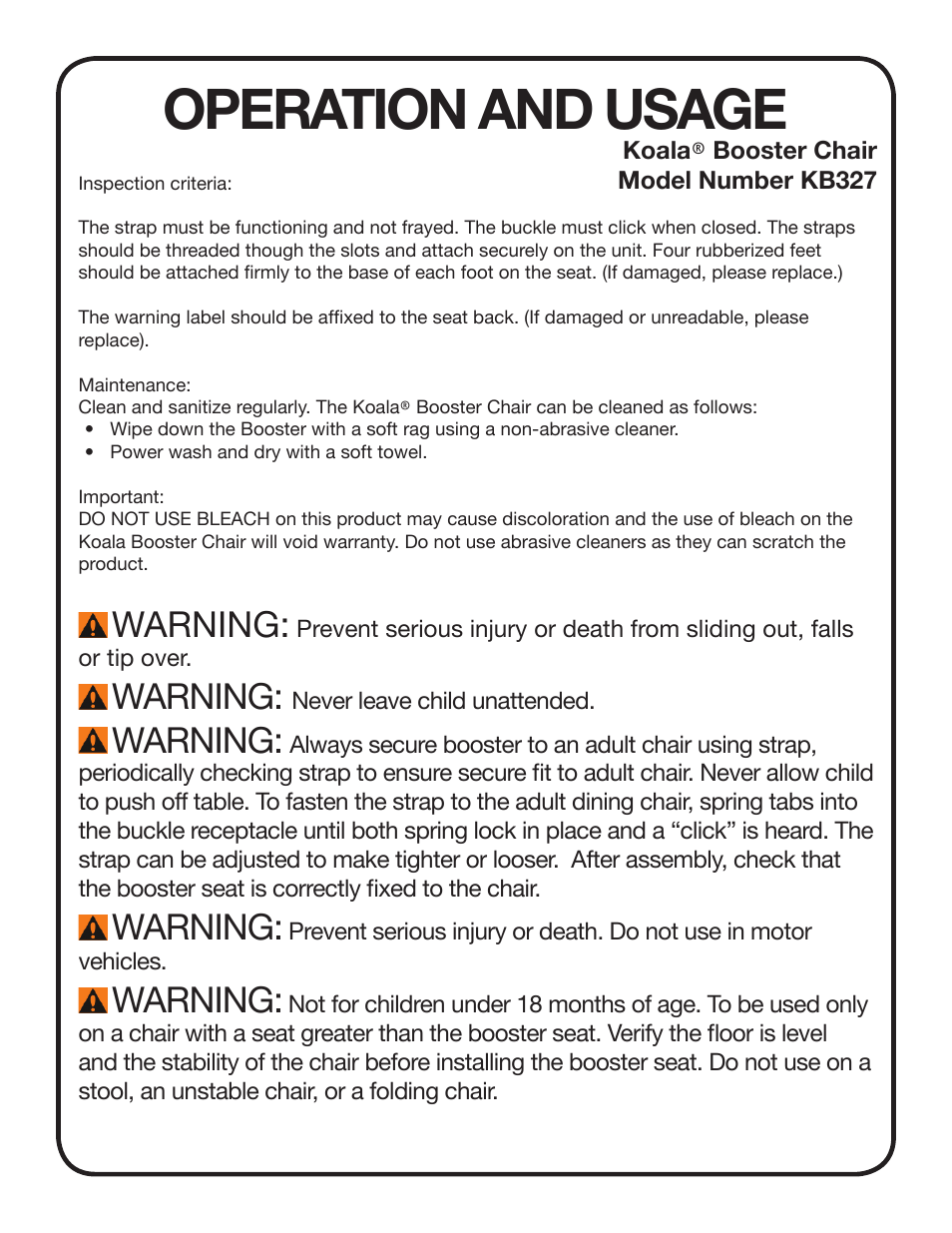 Operation and usage, Warning | Koala Kare KB327-INB User Manual | Page 3 / 8