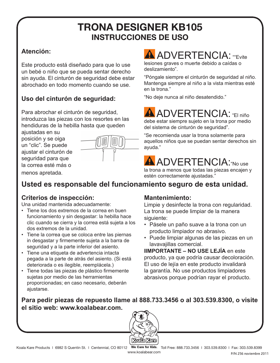 Trona designer kb105, Advertencia, Instrucciones de uso | Koala Kare KB105 User Manual | Page 2 / 4