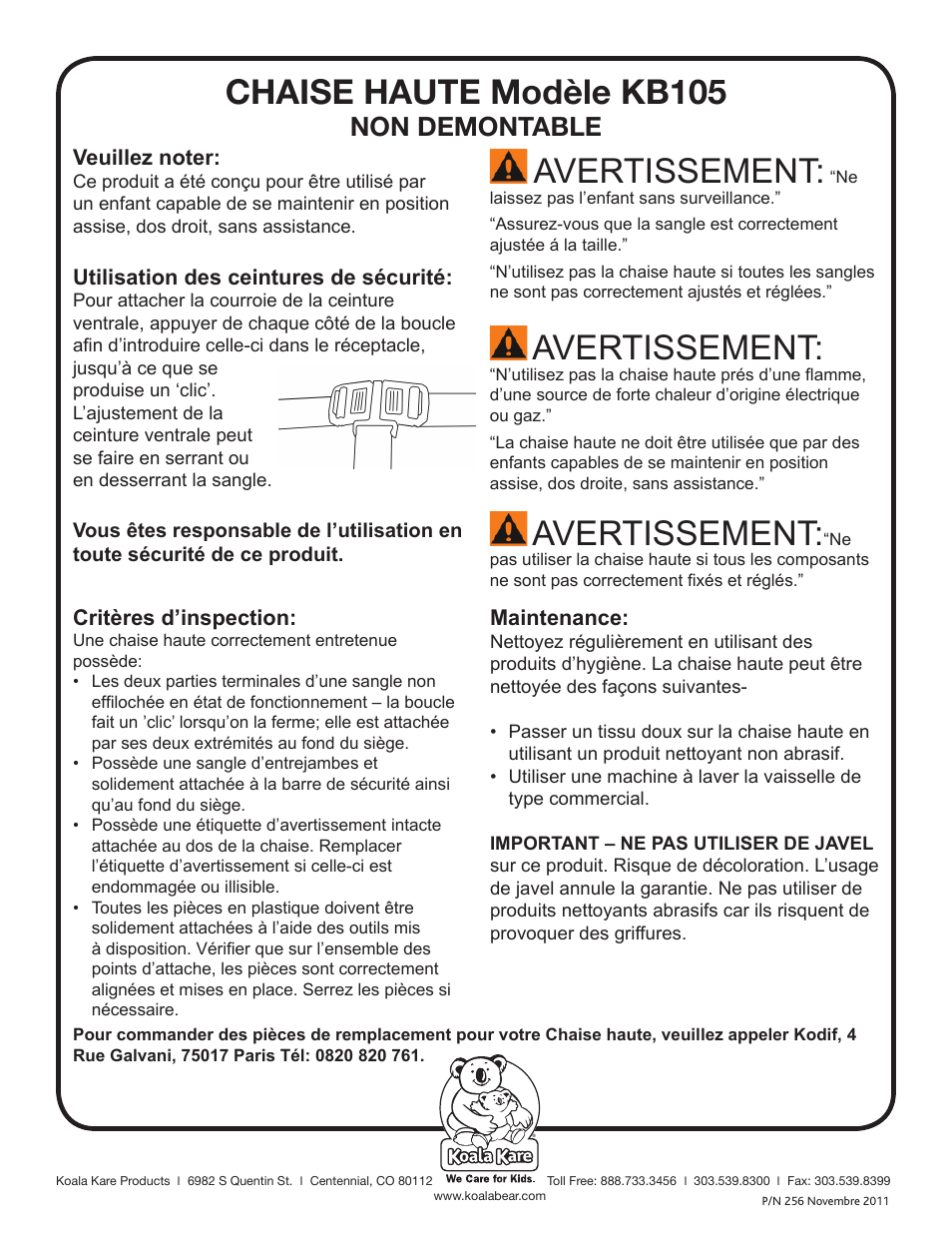 Chaise haute modèle kb105, Avertissement, Non demontable | Koala Kare KB105 User Manual | Page 3 / 4