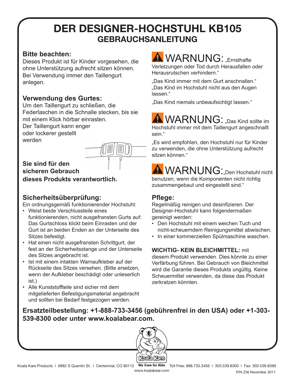 Der designer-hochstuhl kb105, Warnung, Gebrauchsanleitung | Koala Kare KB105 User Manual | Page 4 / 4