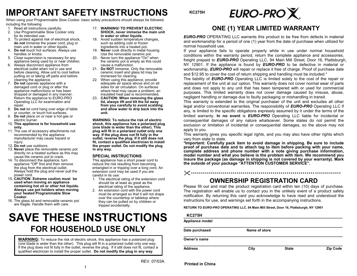 Save these instructions, Important safety instructions, For household use only | One (1) year limited warranty, Ownership registration card | Bravetti KC275H User Manual | Page 2 / 8