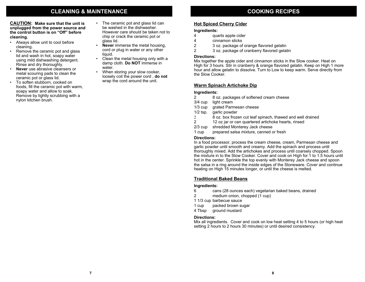 Cooking recipes cleaning & maintenance | Bravetti KC275H User Manual | Page 8 / 8