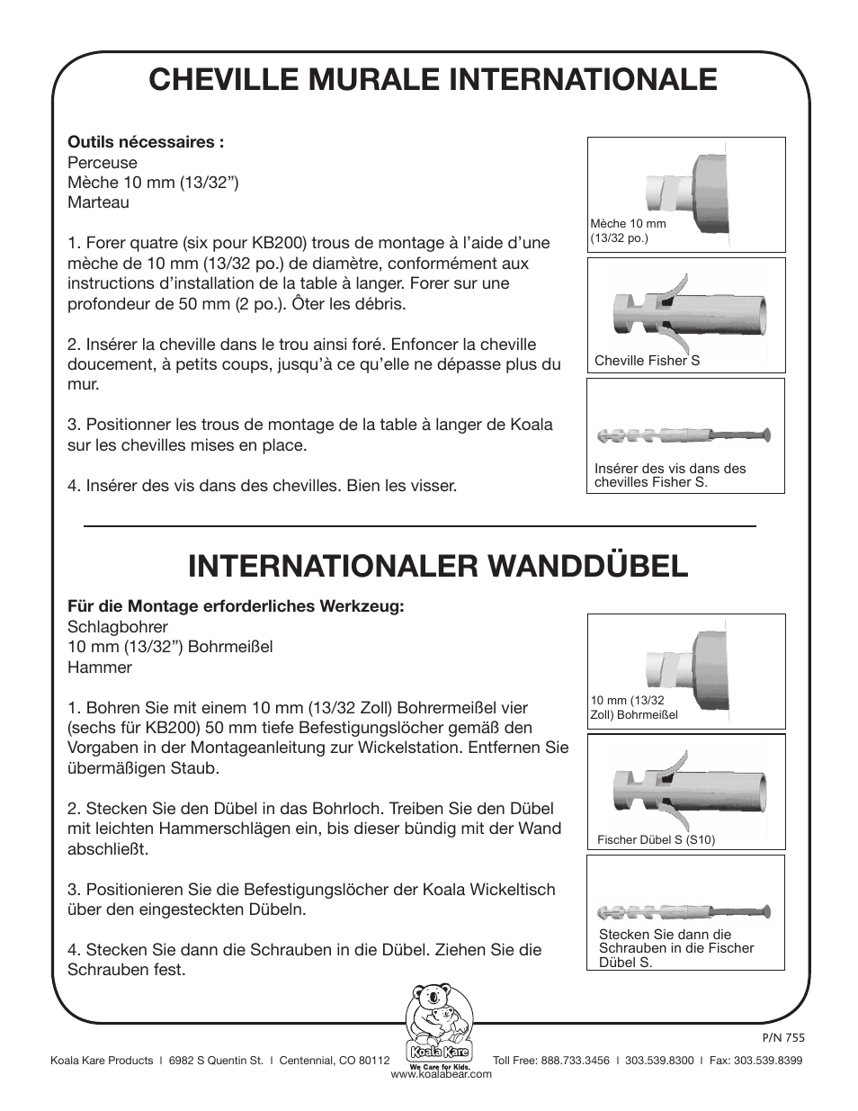 Cheville murale internationale, Internationaler wanddübel | Koala Kare 653-KIT User Manual | Page 2 / 2
