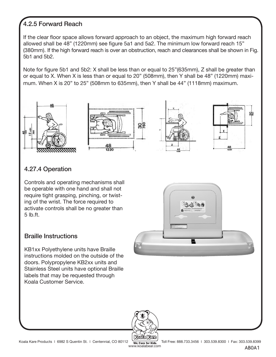 5 forward reach, 4 operation, Braille instructions | Koala Kare ADA User Manual | Page 2 / 2