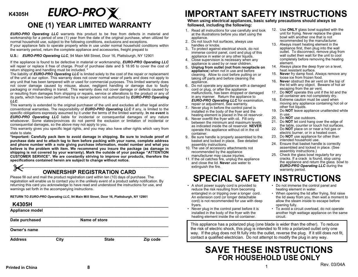 Important safety instructions, Special safety instructions, Save these instructions | One (1) year limited warranty, For household use only, K4305h, Ownership registration card | Bravetti GLASS DEEP FRYER K4305H User Manual | Page 3 / 6
