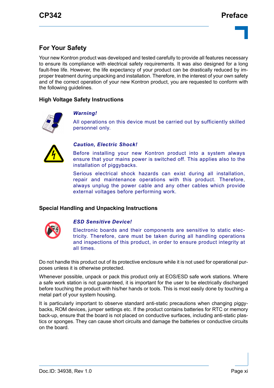 For your safety, High voltage safety instructions, Special handling and unpacking instructions | Cp342 preface | Kontron CP342 User Manual | Page 11 / 52