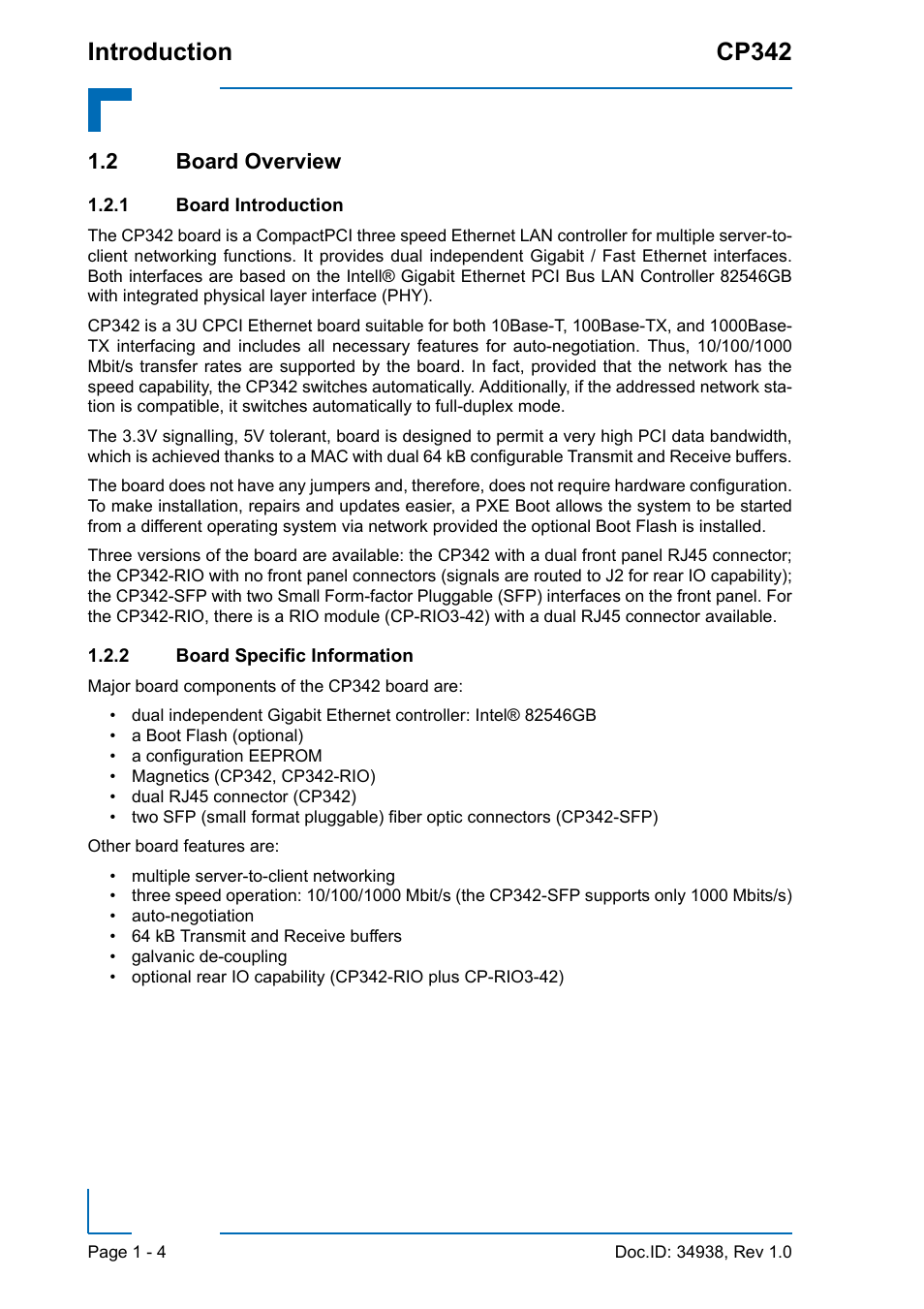 2 board overview, 1 board introduction, 2 board specific information | 2 board overview - 4, Board introduction - 4, Board specific information - 4, Introduction cp342 | Kontron CP342 User Manual | Page 18 / 52