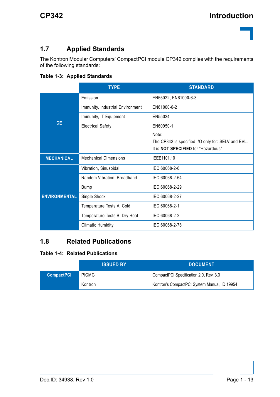 7 applied standards, 8 related publications, Applied standards - 13 | Related publications - 13, Cp342 introduction | Kontron CP342 User Manual | Page 27 / 52