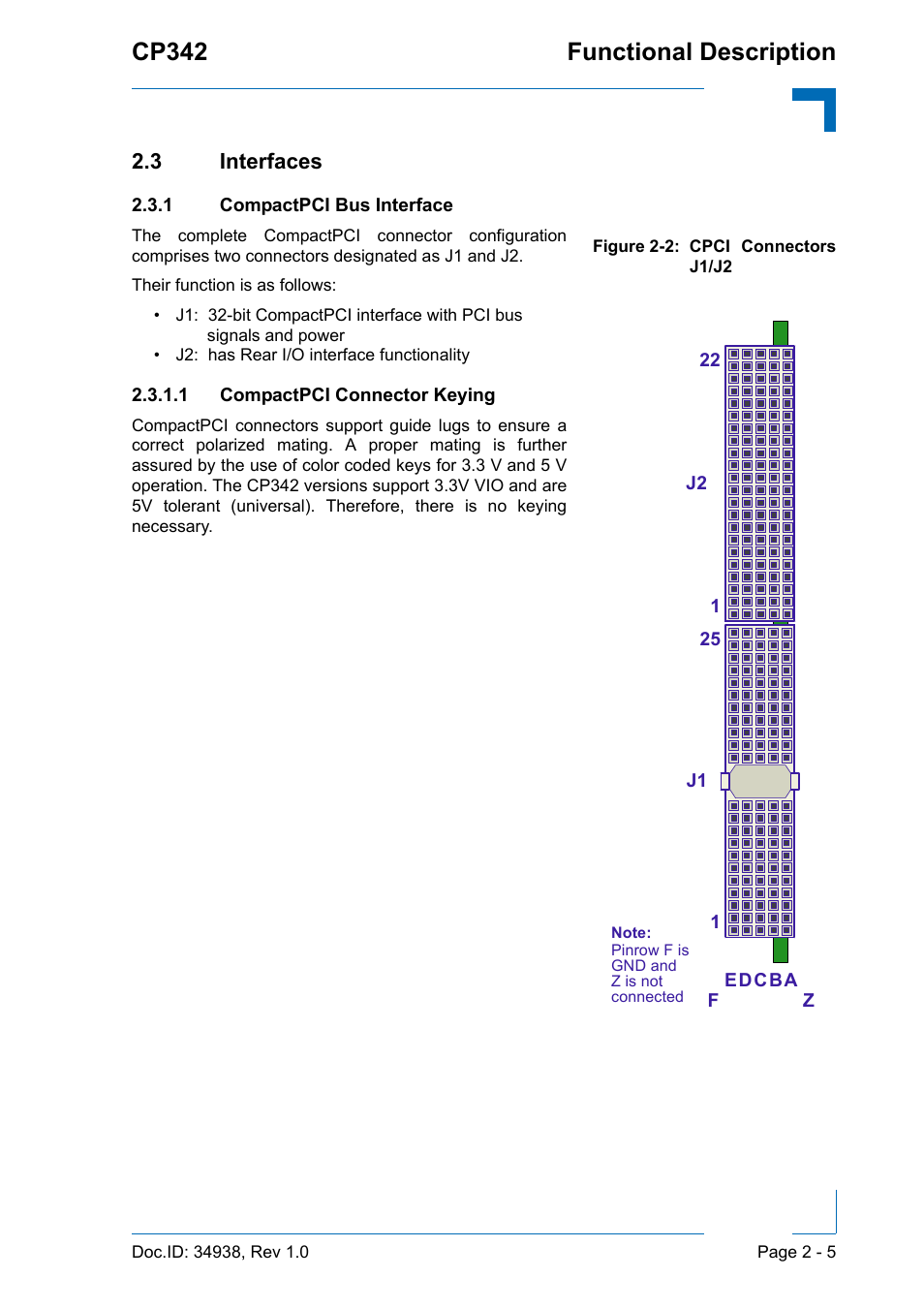 3 interfaces, 1 compactpci bus interface, 1 compactpci connector keying | 3 interfaces - 5, Compactpci bus interface - 5, Cpci connectors j1/j2 - 5, Cp342 functional description | Kontron CP342 User Manual | Page 33 / 52