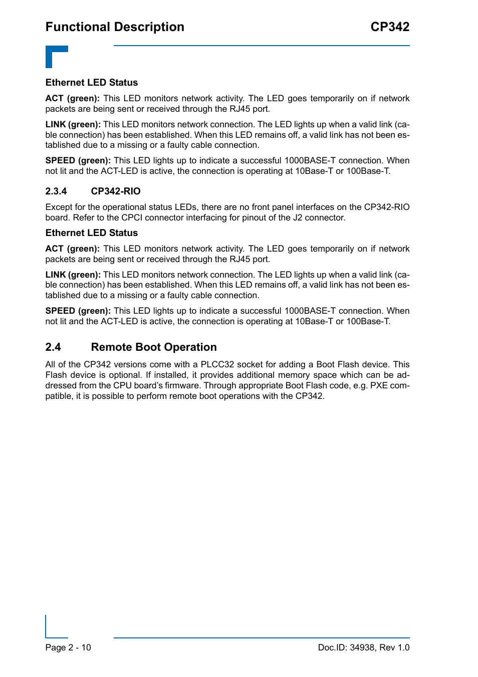 4 cp342-rio, 4 remote boot operation, Cp342-rio - 10 | 4 remote boot operation - 10, Functional description cp342 | Kontron CP342 User Manual | Page 38 / 52