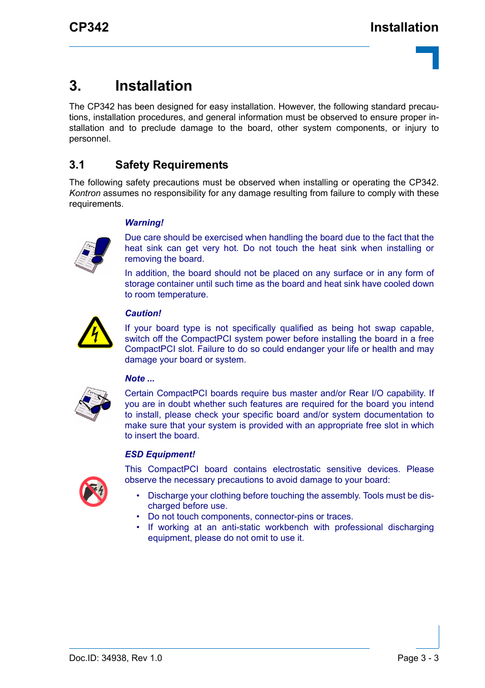 Installation, 1 safety requirements, Installation - 3 | 1 safety requirements - 3, Cp342 installation | Kontron CP342 User Manual | Page 41 / 52